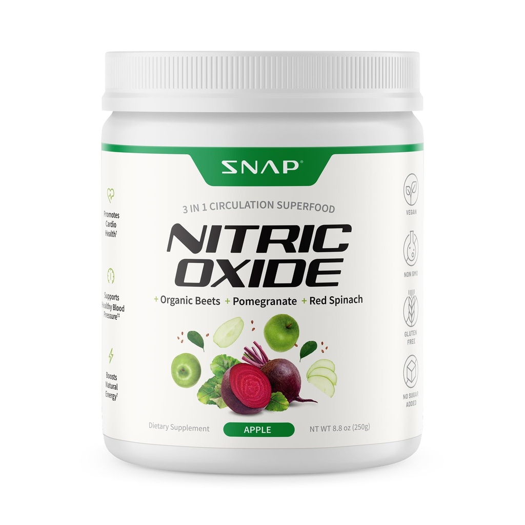 Snap Supplementen Biologische Beetwortel Nitric Oxide Poeder - Ondersteunt energie en gezonde circulatie, 8,8 oz (30 porties, 1 maand levering), Apple