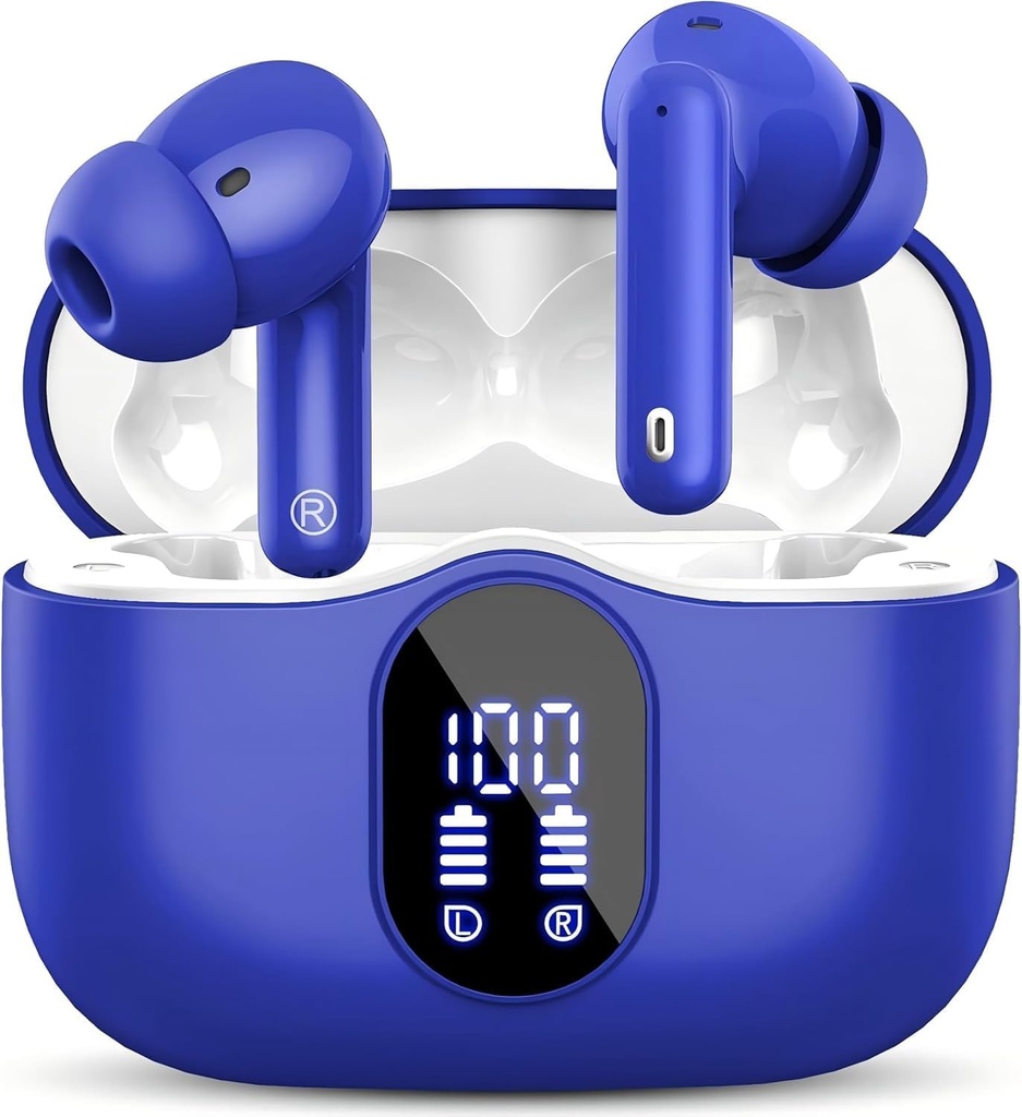 Draadloze oordopjes Bluetooth 5.3 Headphones Bass Stereo Ear Buds met geluid Annuleren Mic LED Display in oortelefoons IP7 Waterdicht 36H Playtime voor laptop pad telefoons Sporttraining blauw