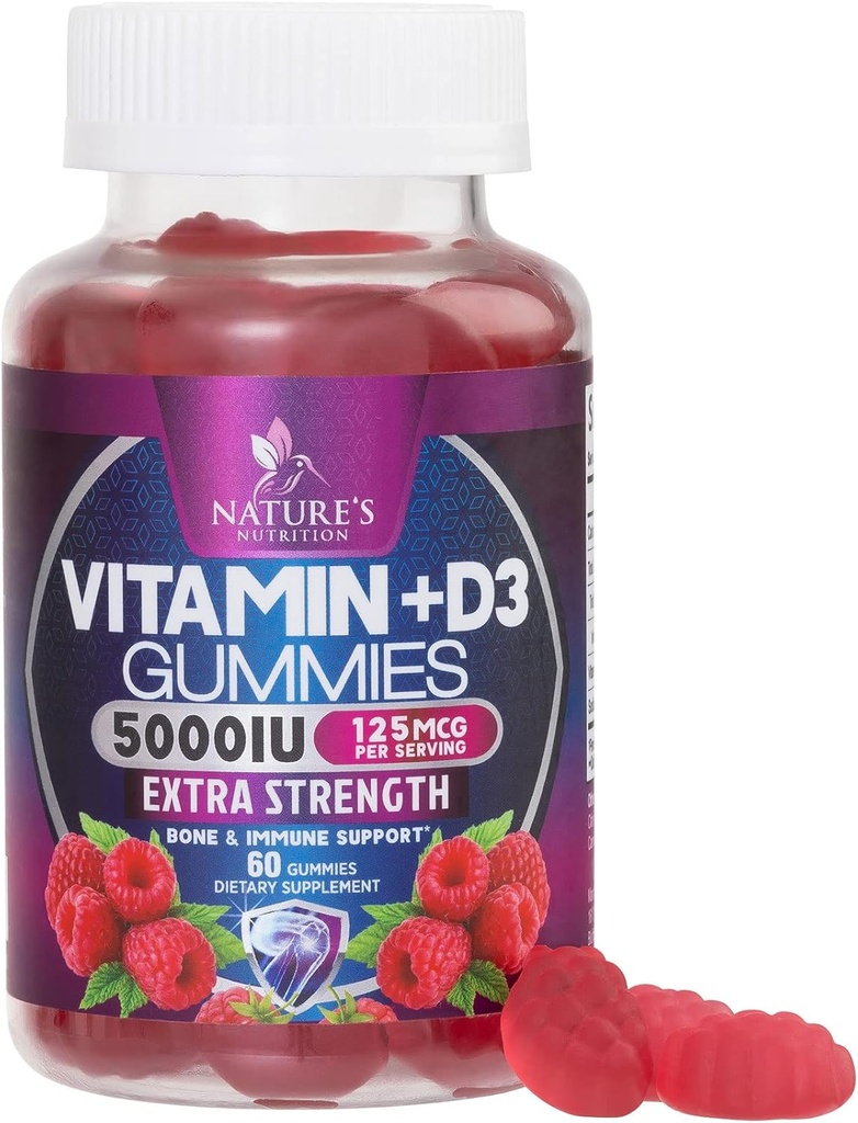 Vitamine D3 Supplement Gummy 5000 IE (125 mcg) Dieetvitaminen D voor mannen en vrouwen - Botten, tanden, spieren en immuungezondheidsondersteuning, hoge potentie VIT D3 Nature's Non-GMO & Gluten Free - 60 Gummies