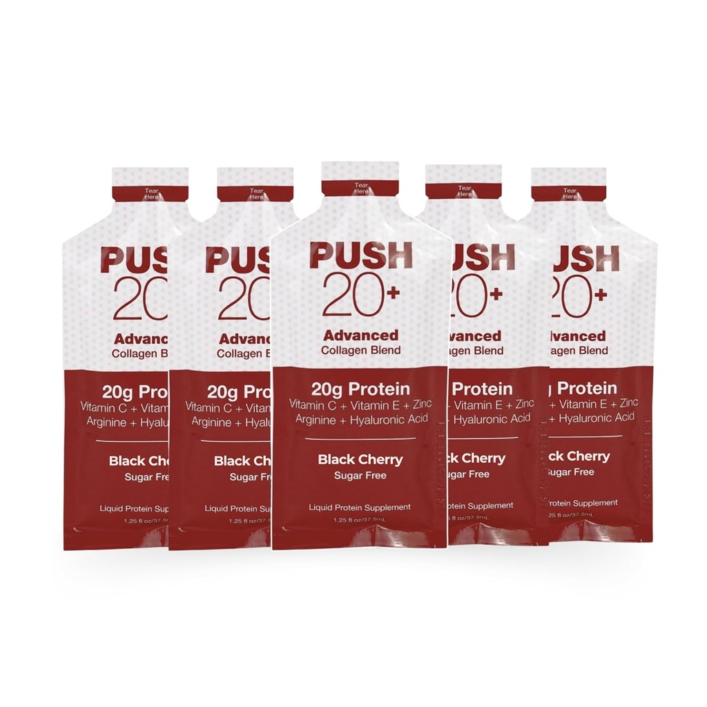 PUSH20+ Mélange de collagène avancé - Protéine liquide 20g par 1,25 fl. oz - Saveur de cerise noire - Vitamine C, Peptides de collagène, acide hyaluronique, vitamine E et meilleur collagène liquide en étant bien essentiels