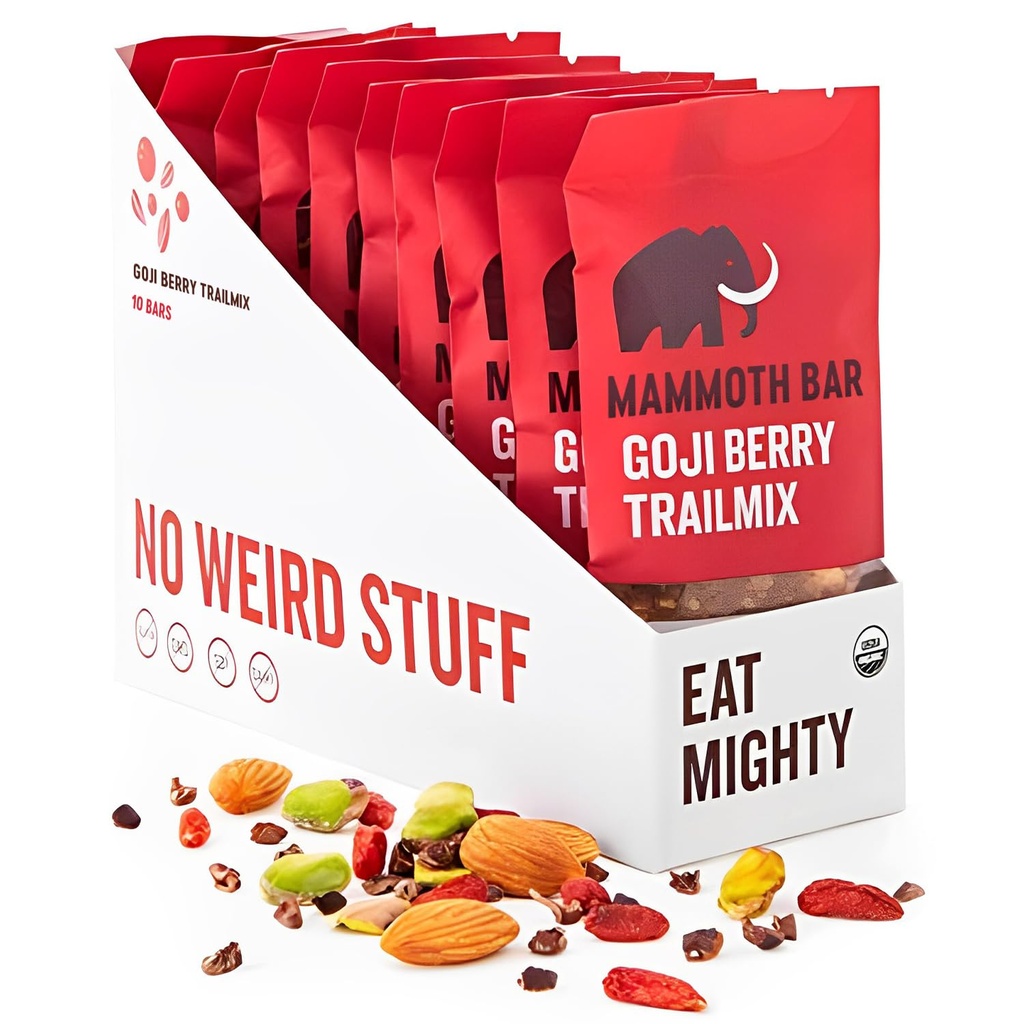 Mammoth Bar Goji Berry Trail Mix - 10 Organic Protein Bars Prebiotic Paleo Glutenvrij Egg Proteïne Vrij GGO Raw Premium Noten