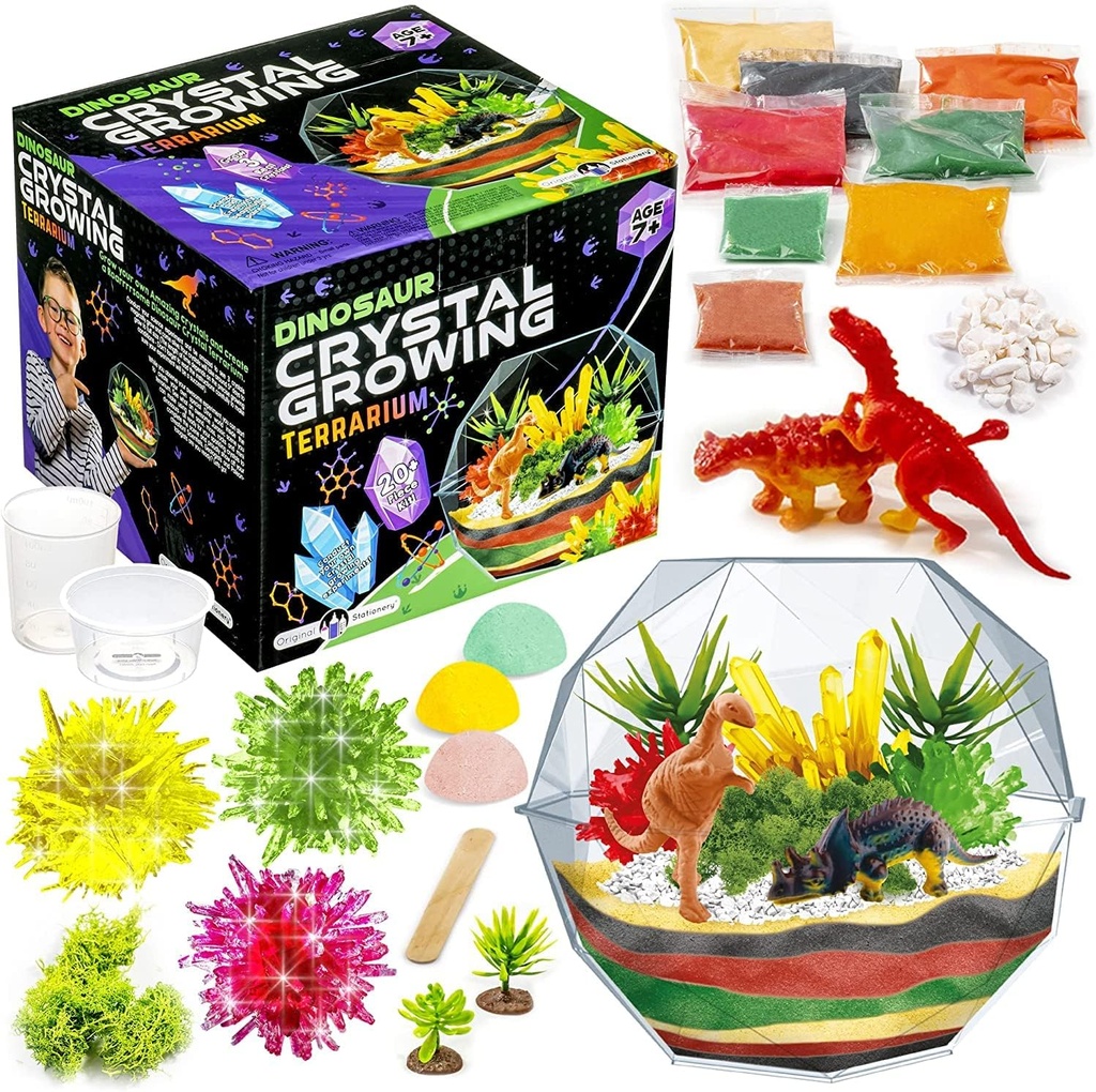 Original Stationery Dinosaur Crystal Growing Kit - Multicolor, 17-Piece, Leeftijd 7 & Up - DIY Science Terrarium Kit met Moss & Dino Cijfers - Groei je eigen kristallen - Jongens verjaardag cadeaus