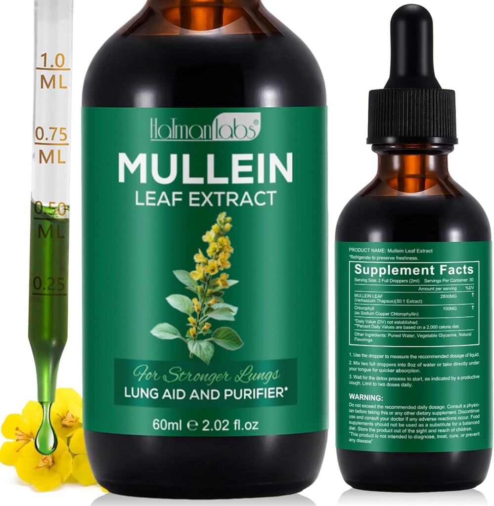 Mullein Leaf Extract voor Longen, Mullein Drops voor Longen, Ondersteuning Long, Ademhalingsfunctie voor gezonde ademhaling, Verbetering van de longfunctie, Natuurlijke & Safe Supplement (1 PC)