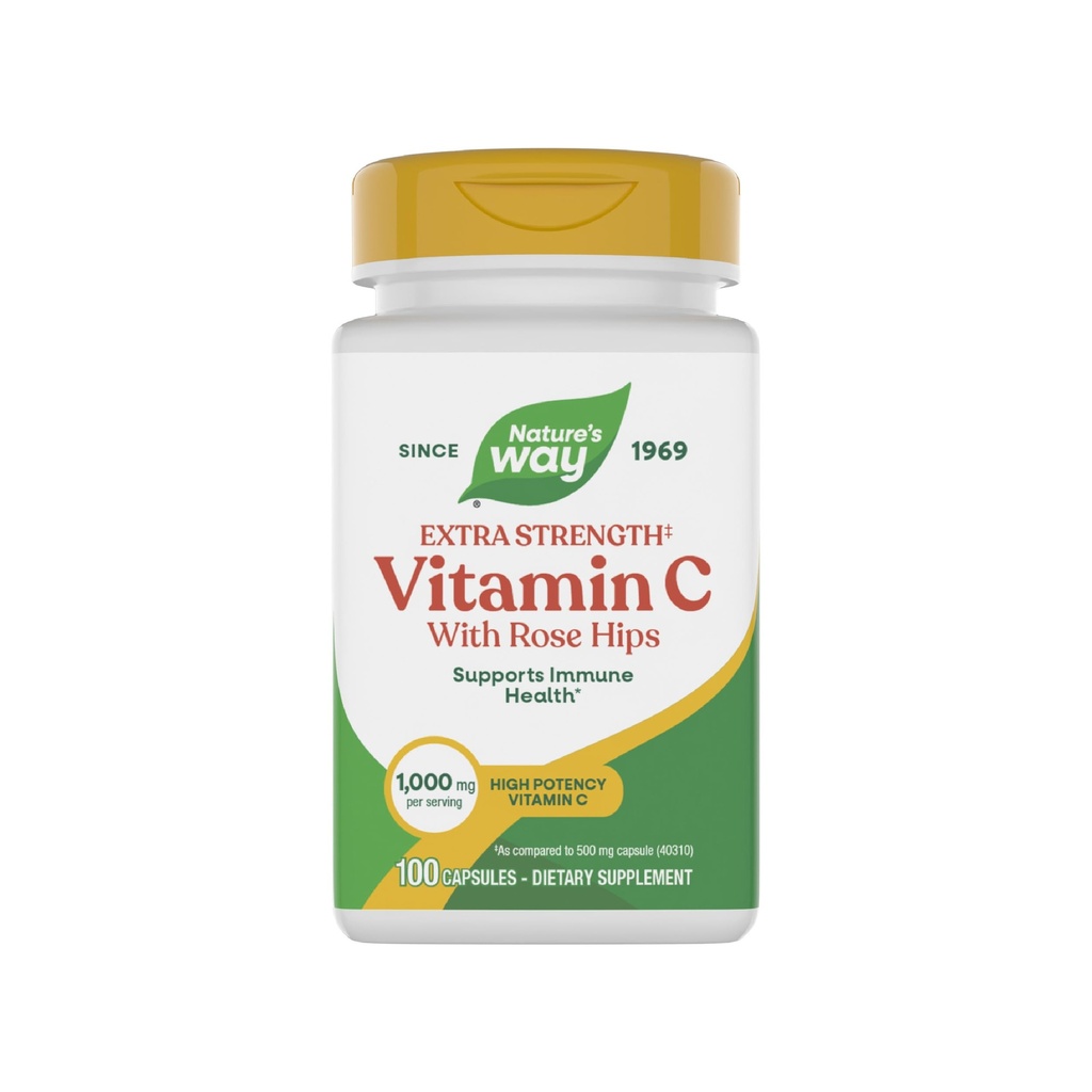 Nature's Way Extra Strength(1) Vitamine C met Rose HIPS, Ondersteunt Immune Health*, Collageen Production*, Hoge Potentie Vitamine C, 100 Capsules (Verpakking mei Vary)