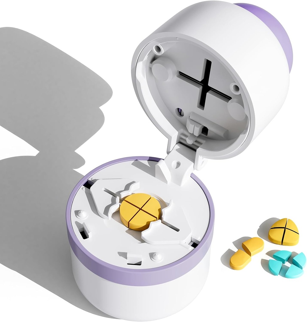 Découpe de pilules - Découpe de pilules avec lame en acier inoxydable pour couper de petites pilules ou de grandes pilules en un quart, Découpe de pilules 1/4, Convient pour couper des vitamines, comprimés (1-4 violet)