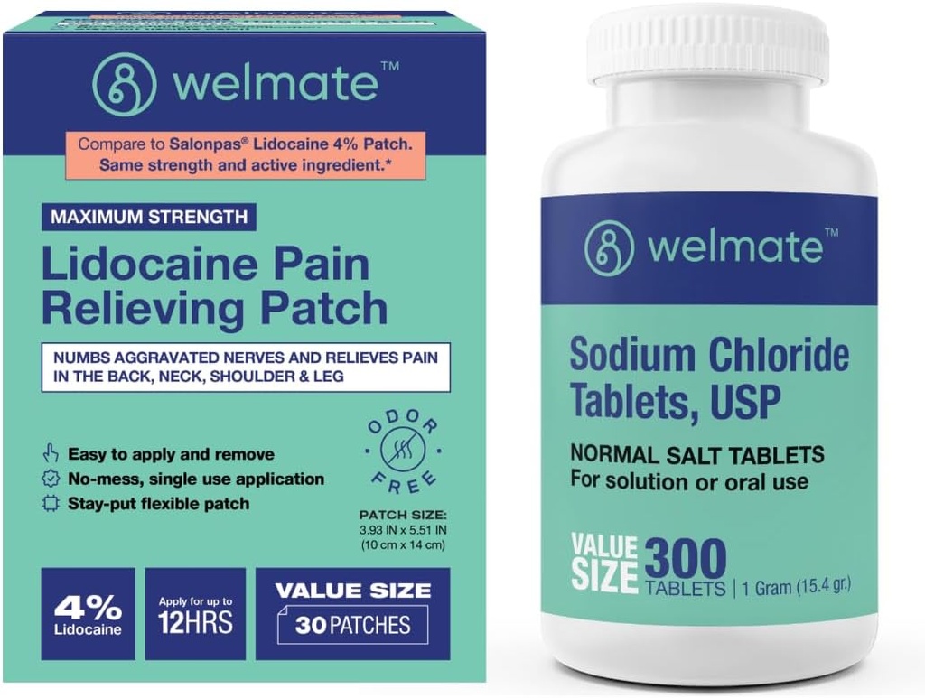 WELMATE Recovery Bundle: Natriumchloride tabletten, 300ct + 4% Lidocaïne Numbing Patch 30 st.