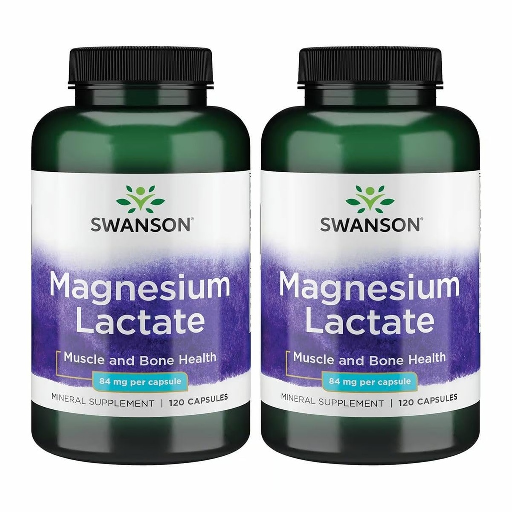 Swanson Magnesium Lactaat - Mineral Supplement Promoting Muscle and Bone Health Support - Lactose-Free Lactate Mineral Form for Gentle Absorptie - (120 Capsules, 84mg Each) 2 Pack