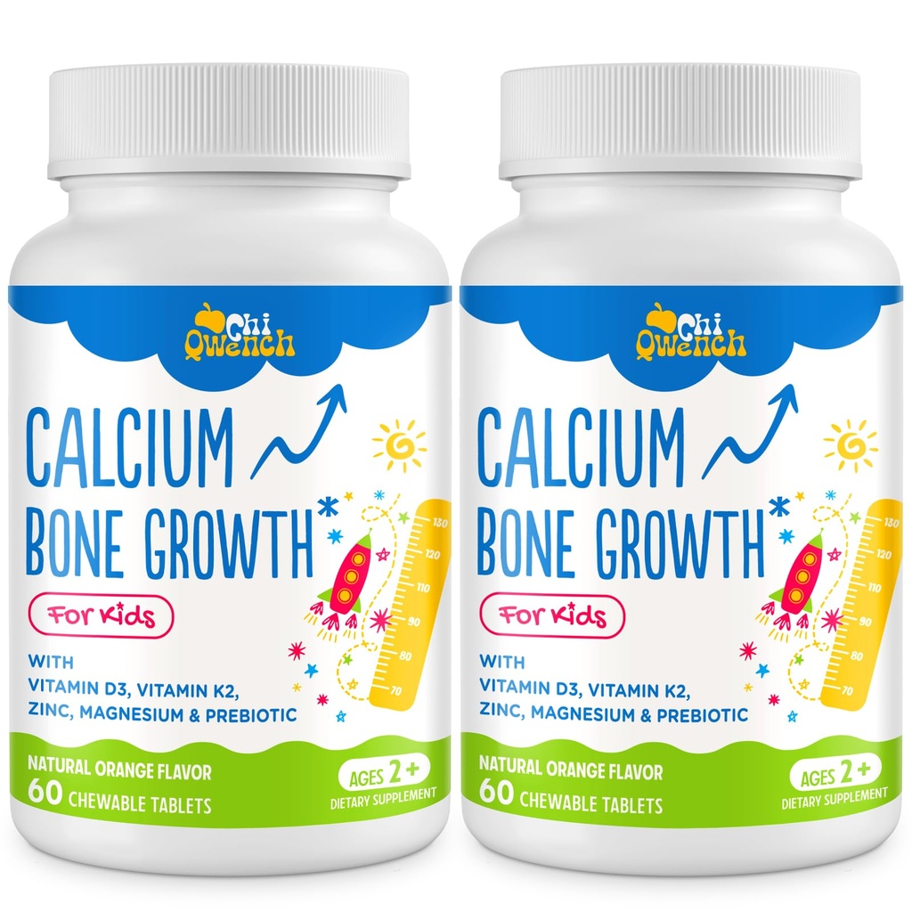 Supplément de calcium 500 MG avec vitamine D3 et K2, zinc, magnésium et prébiotiques. Vitamines pour enfants. Résistance aux os, absorption élevée, cupides orange, sans gluten, 120 onglets