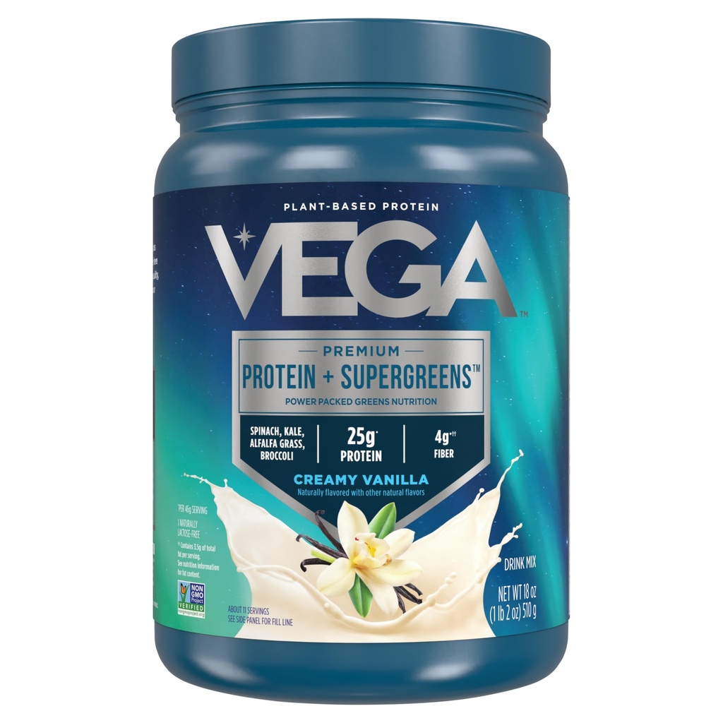 Vega Protéines et Verts Protéines Poudre Vanille crémeuse (11 portions) 25g Protéines végétales plus légumes, végétaliens, non OGM, protéines de pois pour les femmes et les hommes, 1,2 lb