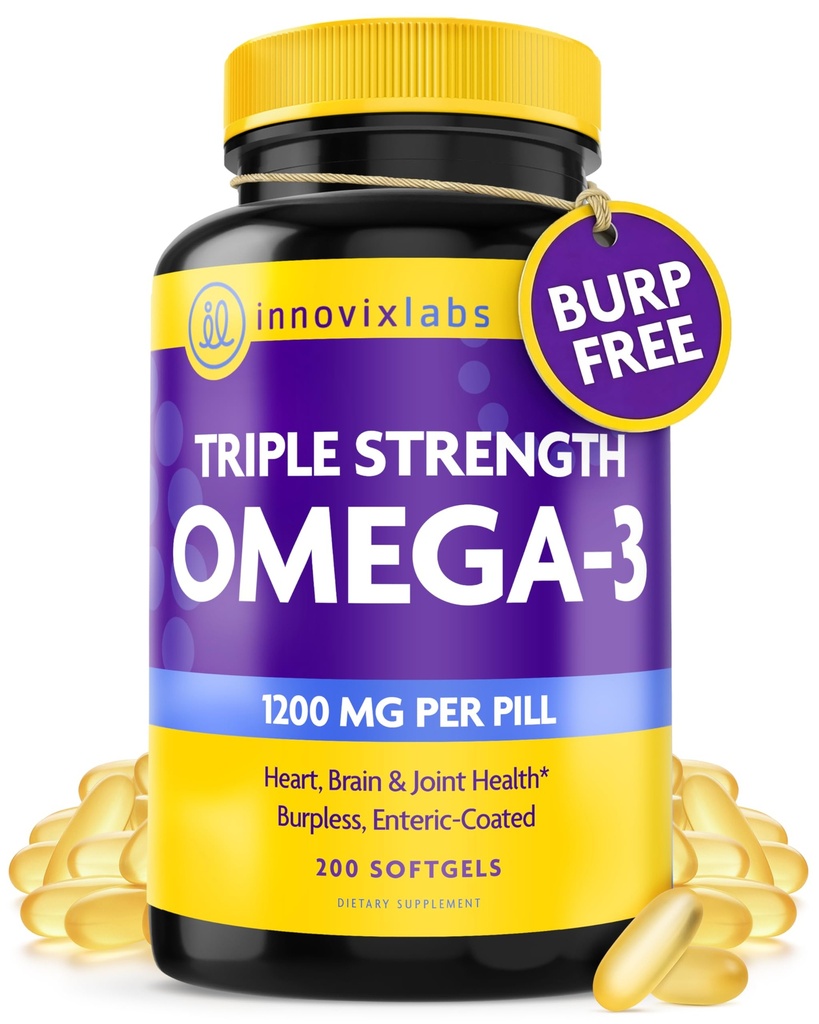 InnovixLabs Triple Strength Omega 3 Supplément, Huile de poisson sans Burpless pour les femmes et les hommes - 900 mg EPA & DHA, Soutien Cerveau & Joint, Récompenses et Tests de tiers, 200 Softgels