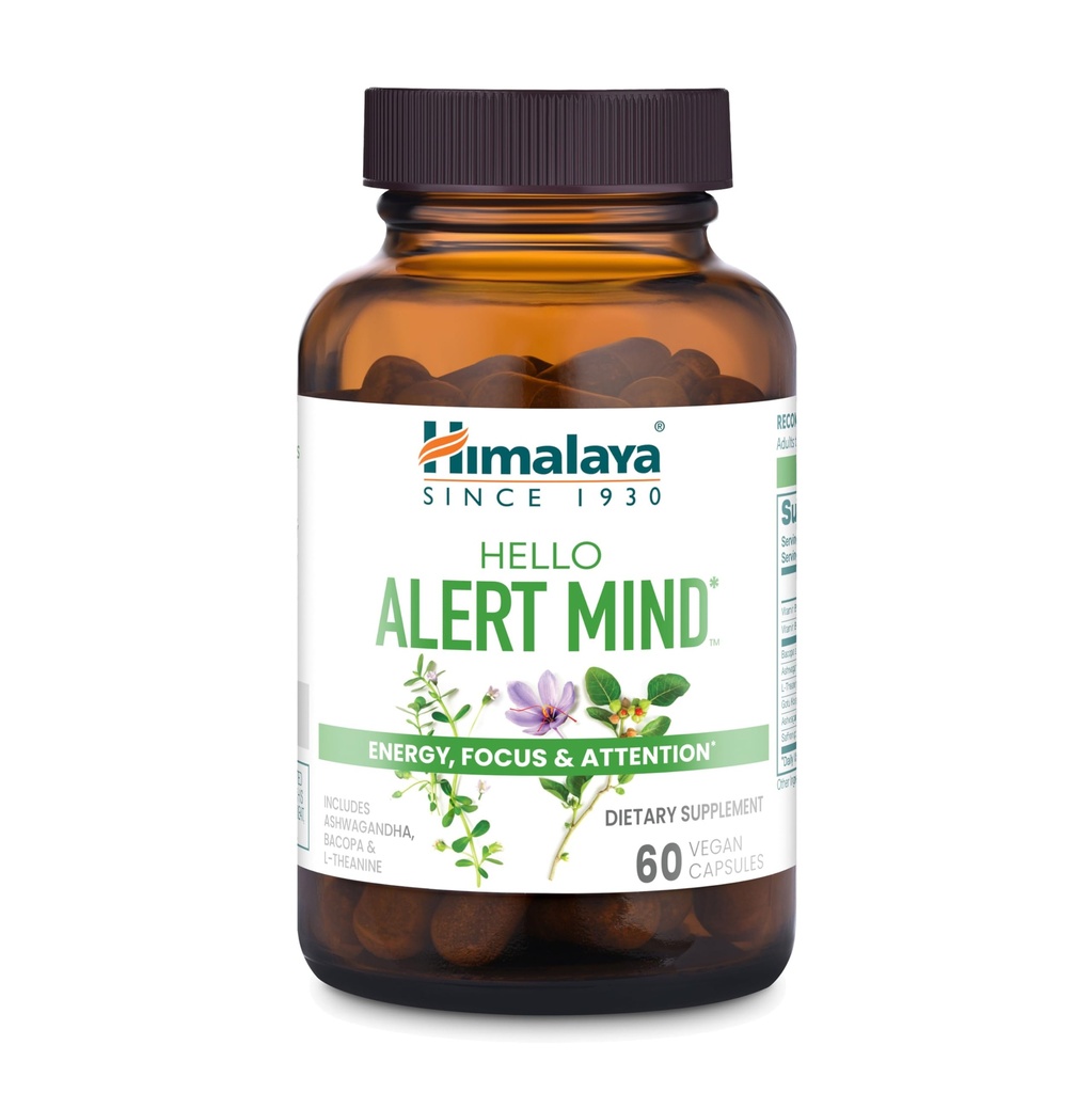 Himalaya Hello Alert Mind with L-Theanine, Ashwagandha, Bacopa, Vitamine B6 & B12, for Energy, Focus & Attentie, Vegan, Glutenvrij, 60 Capsules