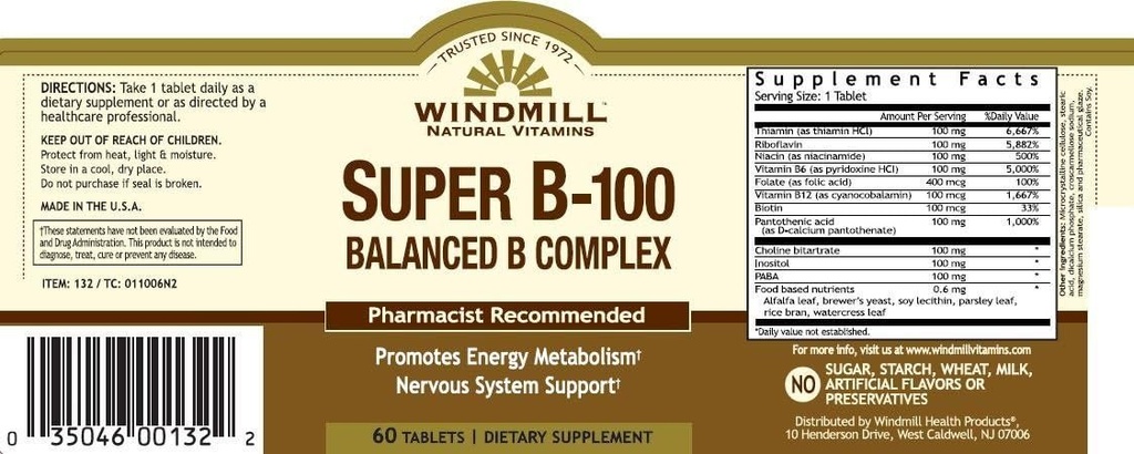 Vitamine B-100 COMPLEX TAB WMILL Maat: 60