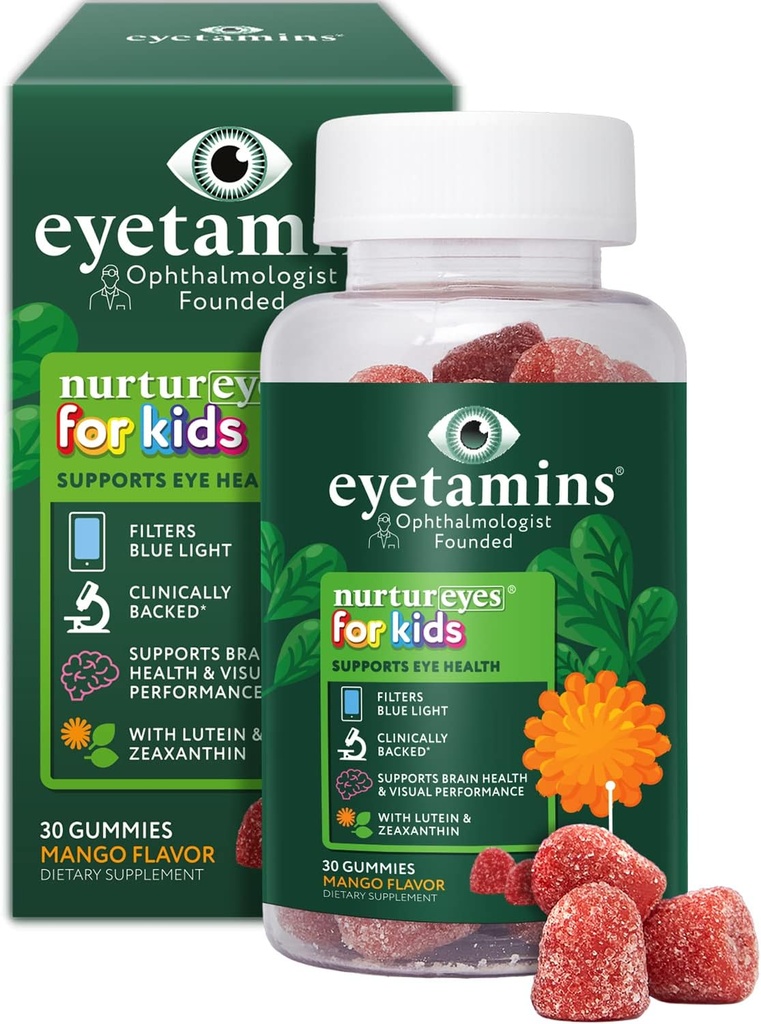 eyetamins Nurtureyes Gummy pour la santé des yeux pour les enfants - 30 Gummies faciles à mâcher, de la mangue - Vitamines pour les yeux des enfants créés - formule naturelle, végétalienne et non-OGM