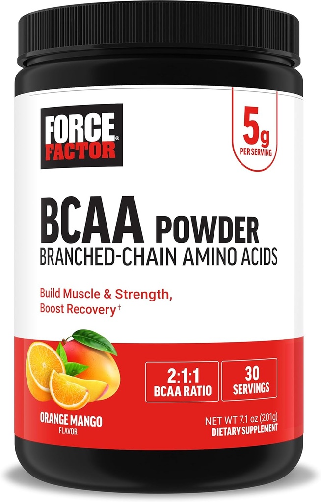 Force Factor BCAA Aminozuren Supplement 2:1:1, Heerlijke en verfrissende BCAA poeder om spierherstel en prestaties te ondersteunen, Geen kunstmatige kleuren of smaken, Oranje Mango, 30 porties