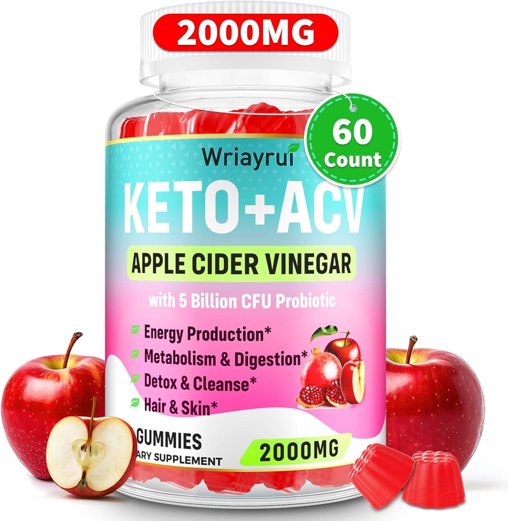 Apple Cider Vinegar Gummies, Fast Ripped Keto ACV Gummies, Max Strength 2000mg, Geformuleerd met groene thee, B6 & B12, Probiotica, ACV voor Metabolisme, Digestie, Detox & Cleanse, 60 Tellingen