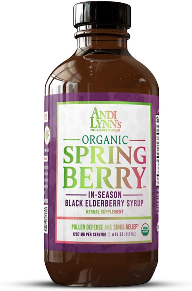 Andi Lynns SpringBerry, Sirop de mûrier noir biologique, Pollen Defense & Sinus Relief pour allergies saisonnières, supplément de support à base de plantes pour enfants et adultes, 4 oz