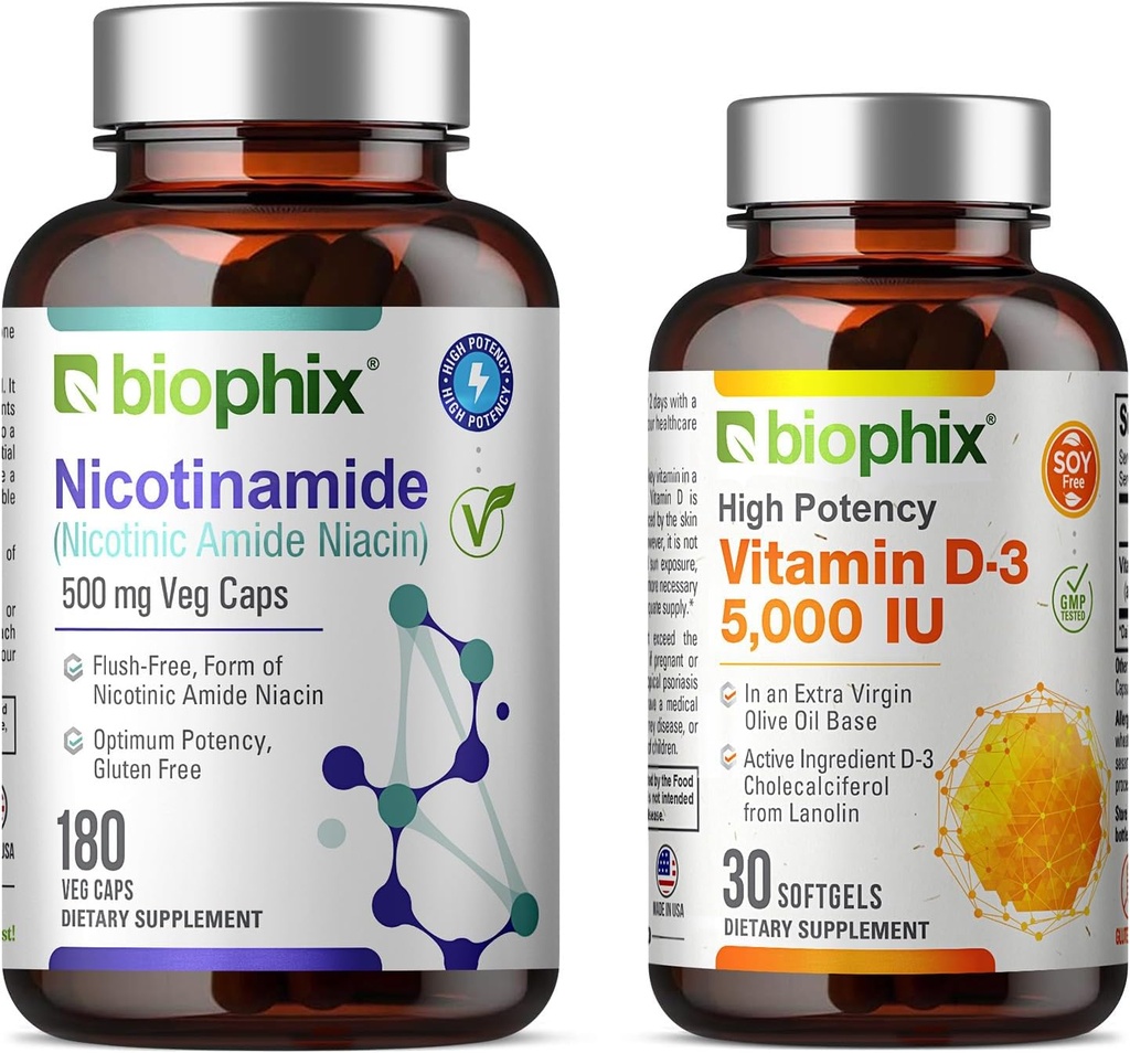 biophix B-3 Nicotinamide 500 mg 180 Vcaps Plus Vrije Vitamine D-3 5000 IE 30 Softgels - Nicotinic Amide Niacin Natural Flush-Free Vitamine Formula - Ondersteunt de gezondheid van de huidcel