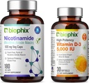 biophix B-3 Nicotinamide 500 mg 180 Vcaps Plus Vrije Vitamine D-3 5000 IE 30 Softgels - Nicotinic Amide Niacin Natural Flush-Free Vitamine Formula - Ondersteunt de gezondheid van de huidcel