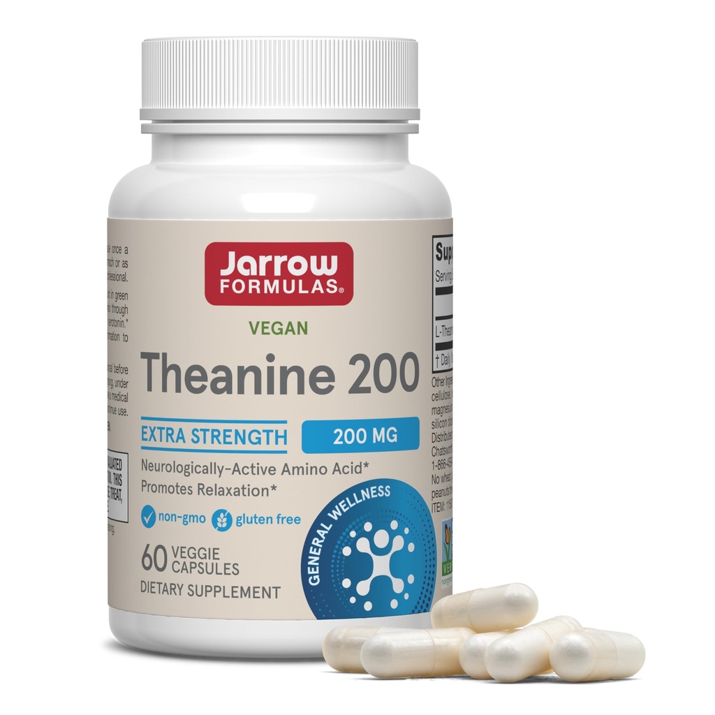 Jarrow Formules Extra sterkte L Theanine 200mg Dieetsupplement dat ontspanning bevordert, supplement voor ontspanning ondersteuning, 60 Veggie Capsules, 60 dagen levering
