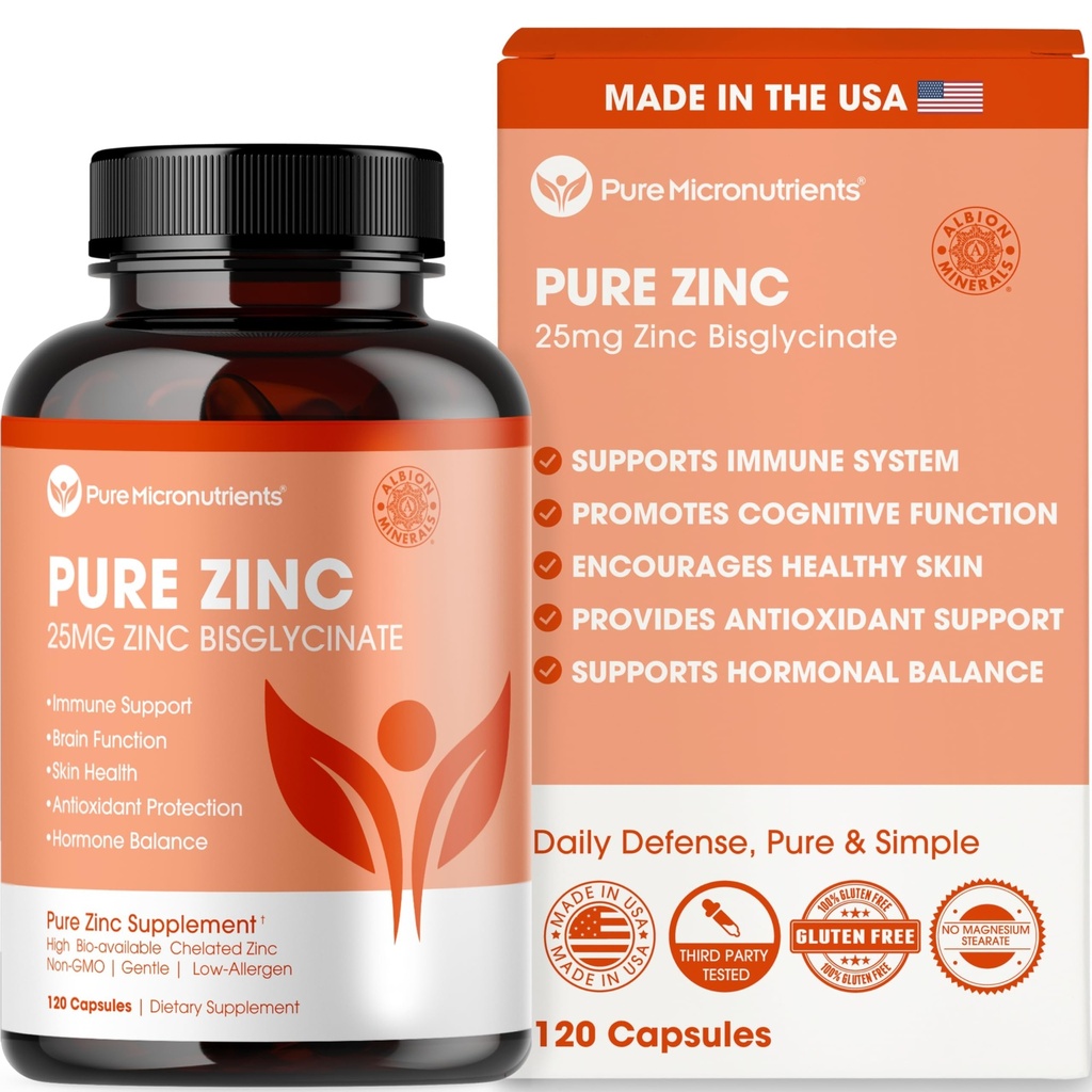 Supplément de Zinc pur 25mg - Tchélate de bisglycinate TRAACS - 120 capsules pour le soutien immunitaire, la santé de la peau et l'énergie - pour les hommes et les femmes