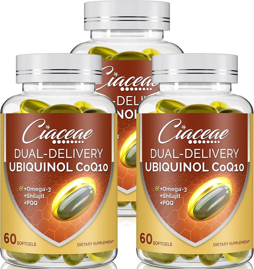Ubichinol CoQ10 600 MG Softgels met Omega-3 & Shilajit & PQQ, Advanced Dual-Delivery Coenzyme-Q10, Active CoQ10 Ubichinol Supplement for Fertility, Antioxidant, Heart, Brain & Energy, 180 Servings
