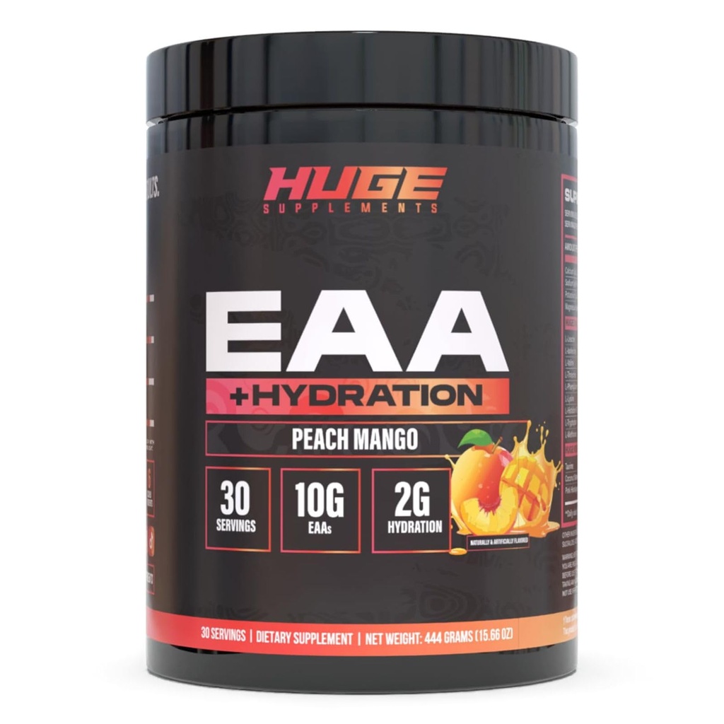 Enorme EAA-supplement, hoog gedoseerd essentieel Aminozuurpoeder, 12,8g EAA's & 8g BCAA's per portie, spiergroei, herstel en prestaties (perzikmango)