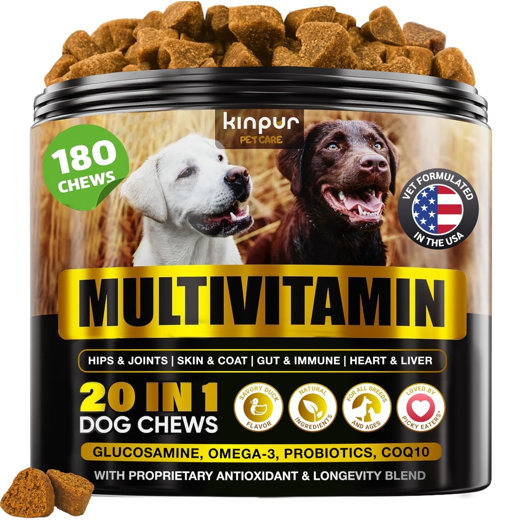 20-in-1 Honden Multivitamine Supplementen - Immuniteit, spijsvertering, Gezamenlijke en Hart Gezondheid Ondersteuning - Natuurlijke Honden Vitaminen met Biotine, Msm, Cranberry, Glucosamine voor Honden - 180 Kauwen