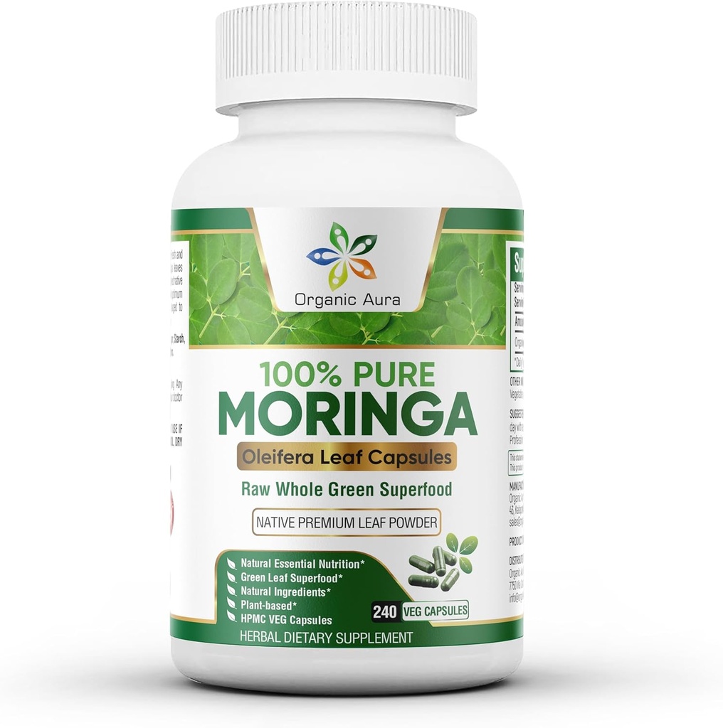 Capsules Aura Moringa bio - 240 Ct en gros. Authentic Raw Moringa Leaf Supplément pour l'énergie, le métabolisme, l'allaitement, l'immunité et la santé articulaire. Feuilles entières Green Super Food Nutrition.