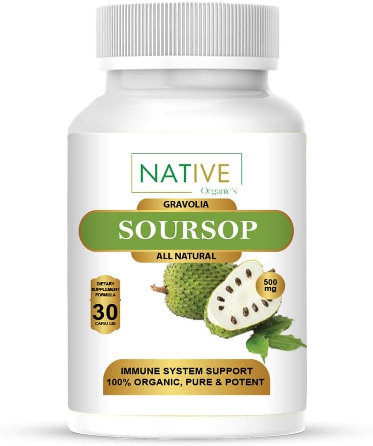 Gélules de Sourop Graviola de Native Organic - Croissance cellulaire saine et santé immunitaire - Antioxydants et minéraux essentiels - Extrait de feuilles, de fruits et de graines - 30 Capsules végétaliennes (500 mg)