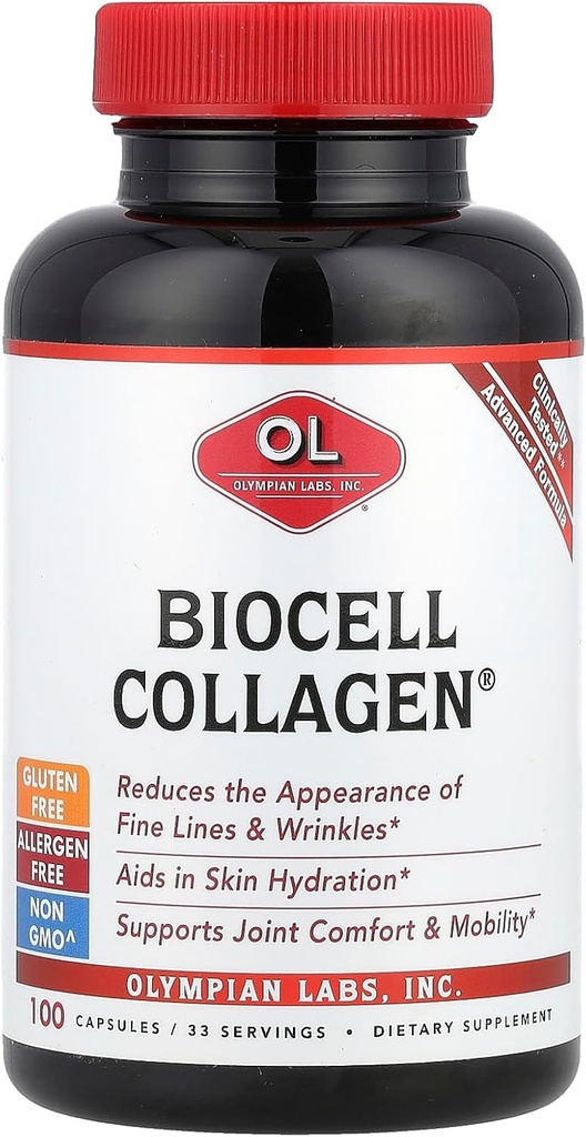Olympian Labs Biocell Collageen II 1500mg Supplement Capsules Non-GMO, Glutenvrij, Allergaanvrij - Ondersteunt huid en gezamenlijke gezondheid en cartilage producerende cellen - 100 capsules (33 dagen levering)