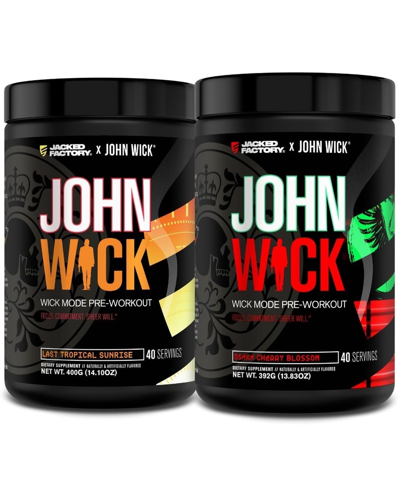 Jacked Factory X John Wick - Poudre de préentraînement en mode Wick - Énergie intense, mise au point de la bataille, engagement indéfectible, et volonté pure - Dernier lever de soleil tropical et Osaka Cherry Blossom (80 services)