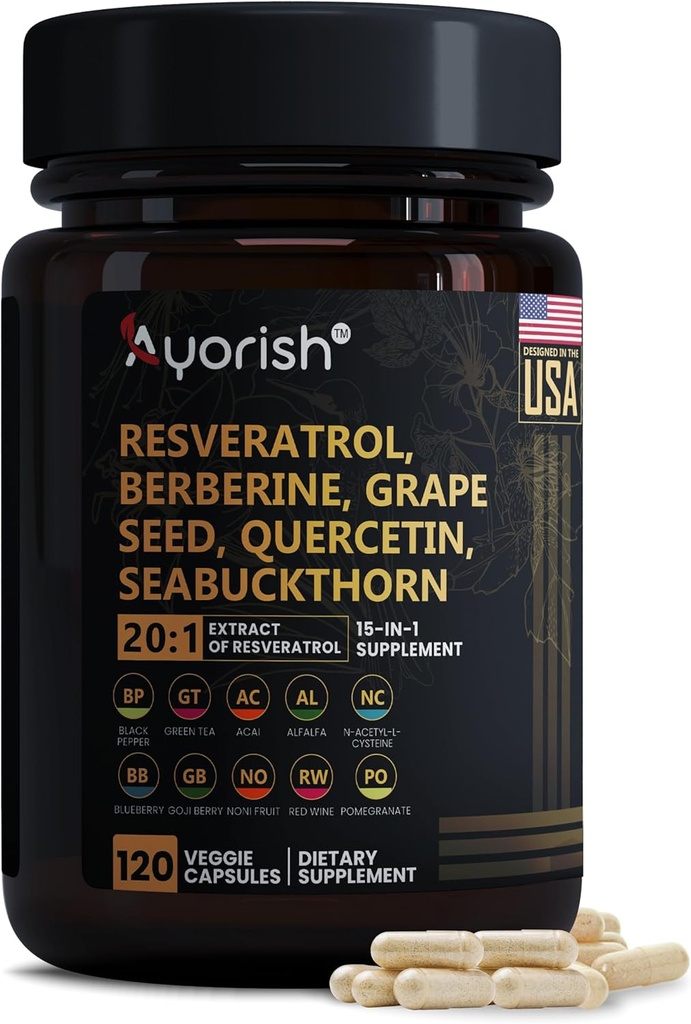 Supplément de resvératrol de graines de raisins berbères Extrait de thé vert Quercetin Acai Noni Supplément de polyphénol pour les femmes et les hommes, N-acétyl Cysteine NAD Booster 120 Compte