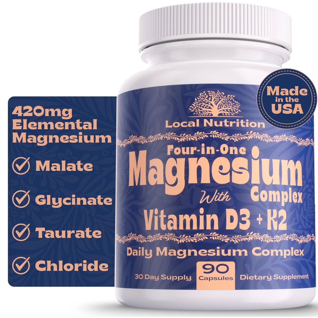 4-in-1 Magnesium Complex 420mg met vitamine D3 K2 - Premium Magnesium Supplement met Magnesium Malaat, Bisglycinaat (Glycinaat), Tauraat en Chloride - 90 Capsules Made in The USA