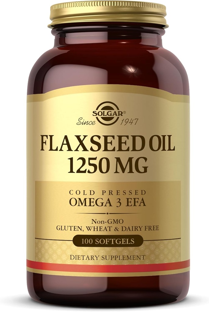 Solgar Vlaszaadolie 1250 mg, 100 Softgels - Biologische, koude-geperst Omega 3 Essentiële vetzuren - Ondersteunt Hart, Immune & Skin Health - Non-GMO, Glutenvrij, Zuivelvrij - 50 porties