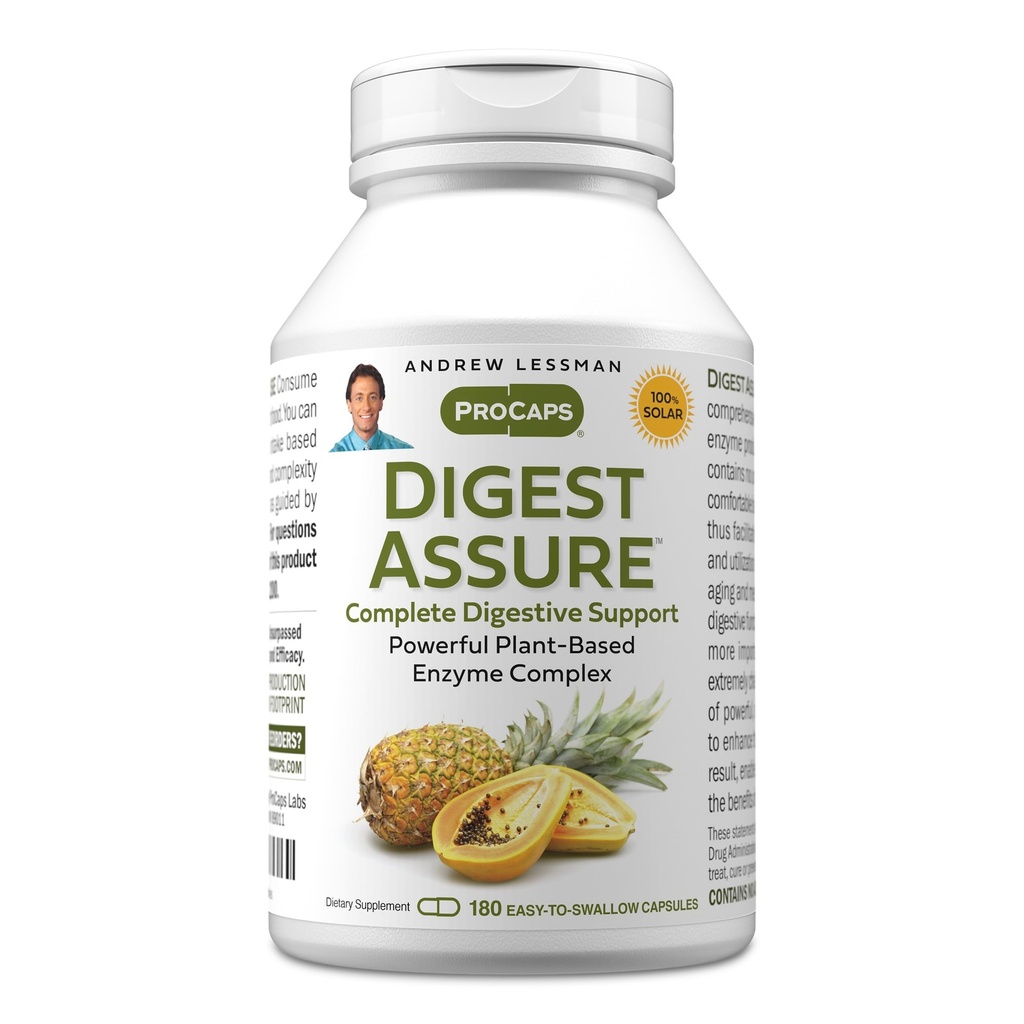 ANDREW LESSMAN Digest Assur 180 Capsules - Uitgebreide Blend van krachtige natuurlijke enzymen ter ondersteuning en verbetering van de spijsvertering van de gezondheid, vegetarisch-gedronken enzymen, kleine gemakkelijk te slikken capsules