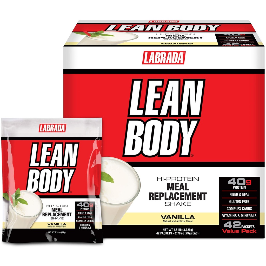 Labrada Lean Corps MRP All-In-One Vanilla substitut de repas Shake, 40g de protéines, mélange de lactosérum, 8g de graisses saines EFA et fibre, 22 vitamines et minéraux, Pas de couleur artificielle, sans gluten, (42 paquets)