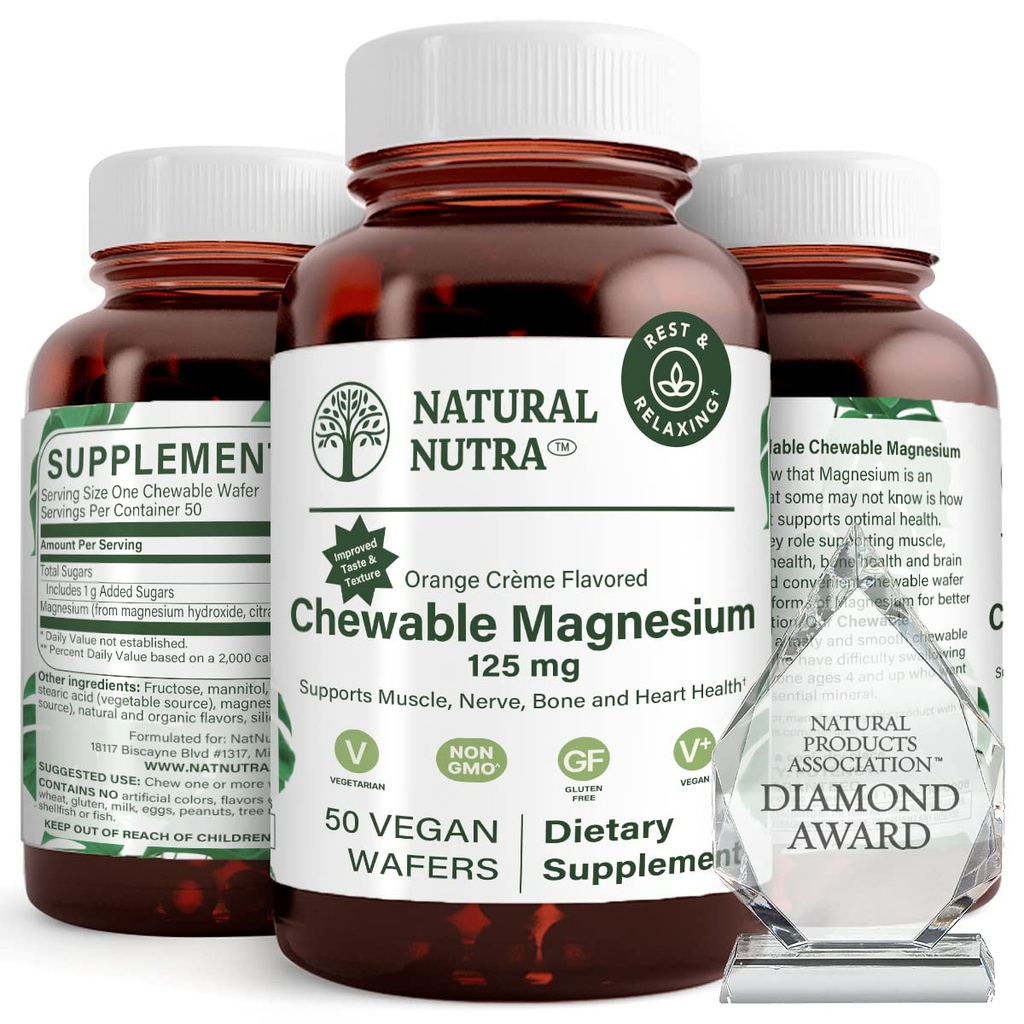 Natuurlijke Nutra Kauwbare Magnesium Supplement met citraat en Chelate voor kinderen en volwassenen, bevordert betere slaap, beste pure Mag Kauw voor spier, nerve, bot, en hart gezondheid, 125mg, 50 Vegan Wafers