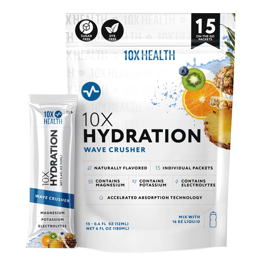 10X Health Hydration Packets Wave Crusher Electrolyte Drink Mix Liquid 15 Stickpacks met Magnesium Citraat, Natrium & Kalium - Natural Flavored Electrolyt