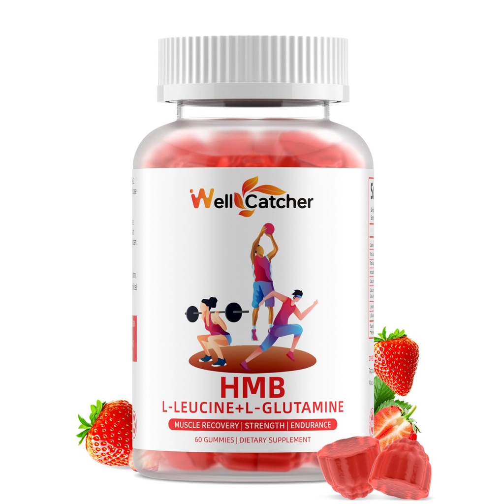 HMB en Leucine Amino Acid Gummies: HMB-supplementen voor mannen Vrouwen met L-Glutamine voor spiergroei Snelle workout herstel, Suikervrij Veganistisch Niet-GMO Aardbei Gearomatiseerde 30 dagen levering