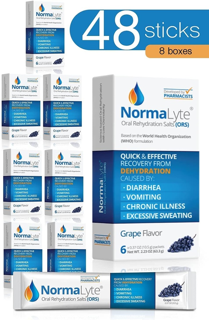 NormaLyte Rehydratation Orale Sels-48 Sticks Packs (rends 500mL par paquet)-Grapes-Suppléments énergétiques, supplément de potassium, récupération de déshydratation et absorption rapide