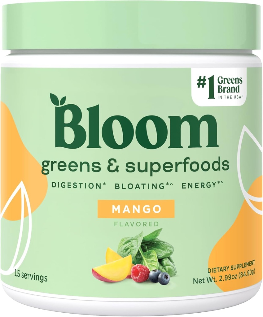 Bloom Nutrition Superfood Greens Powder, Digestive Enzymes w/Probiotica & Prebiotica, Gut Health, Bloating Relief for Women, Chlorella, 15 SVG (15 Servers (pakket van 1), Mango)