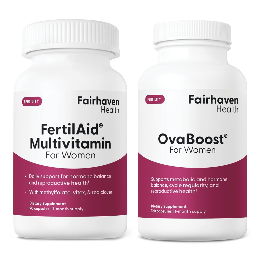 FertilAid voor vrouwen & Ovaboost Combo, vrouwelijke vruchtbaarheidssupplement & natuurlijke vruchtbaarheidsvitamine met Myo-Inositol, Vitex & vitamines ter ondersteuning van ovulatie, cyclusfrequentie & eikwaliteit, 1 maand aanbod