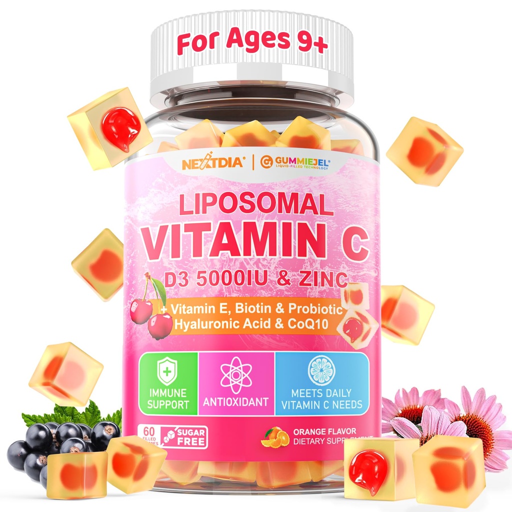 Liposomale vitamine C 1000mg + D3 5000IU + Zink gevuld Gummies, Folate 800mcg kauwbaar supplement, Vlierbes voor Immune, Hyaluronzuur, VE, voor schoonheid, energie & algehele gezondheid, suikervrij, natuurlijk