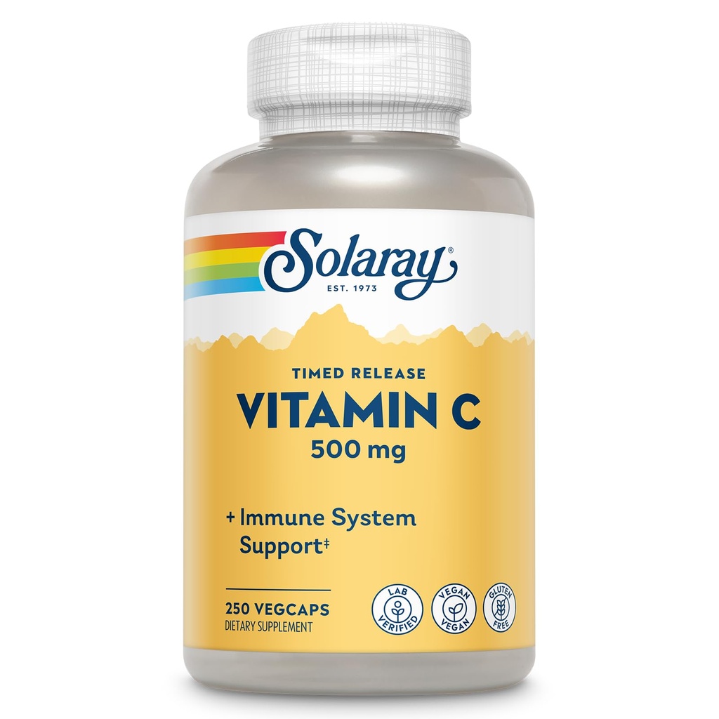 SOLARAY Vitamine C 500mg, Two-Stage Getimed Release - Antioxidant en Immuun Ondersteuning Supplement - Vitamine C met Rose HIPS en Acerola, Veganistisch, Glutenvrij, 60-dagen garantie, 250 porties, 250 VegCaps