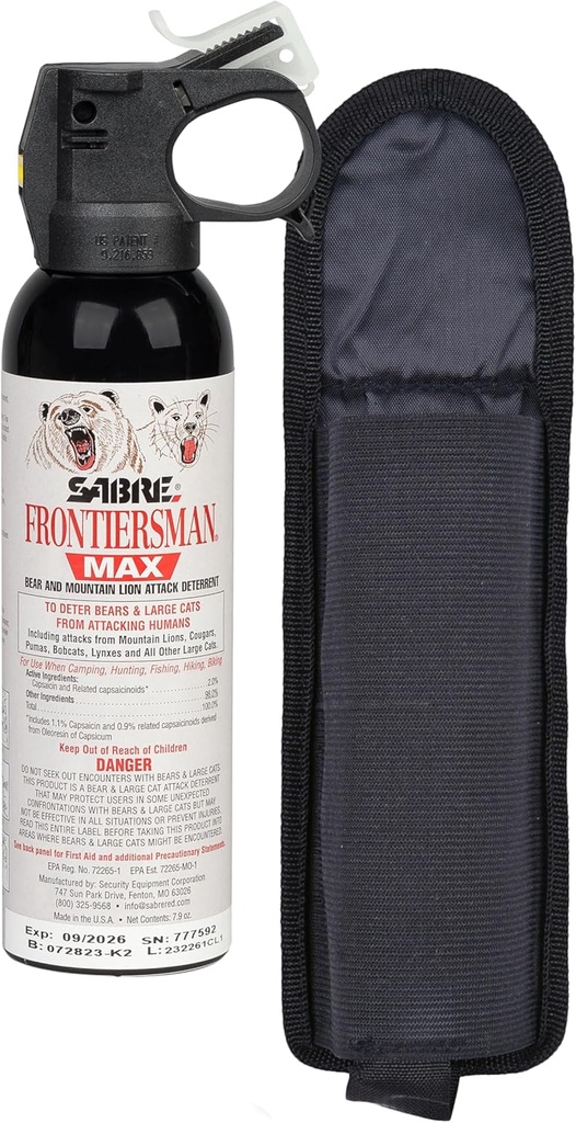 SABRE Frontiersman MAX Bear Spray – 40 pi Gamme, Force maximale, Le seul spray enregistré par l'EPA pour les ours et les lions de montagne, 7,9 oz, Glow Safety Clip, Randonnée en plein air et protection du camping