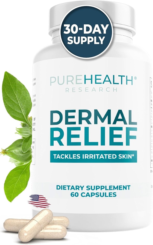 PUREHEALTH ONDERZOEK Dermal Relief Supplements - voor geïrriteerde huid, eczeem en dermatitis met L-histidine, Ashwagandha wortelextract, Rhodiola Crenulata, vitamine D en E - 1 fles - 60 capsules