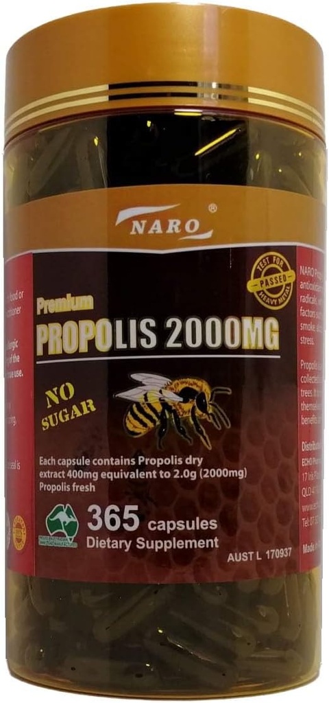 Naro Bee Propolis Extract 2000mg Premium Eucalyptus Dark 365 Capsules Australische Made