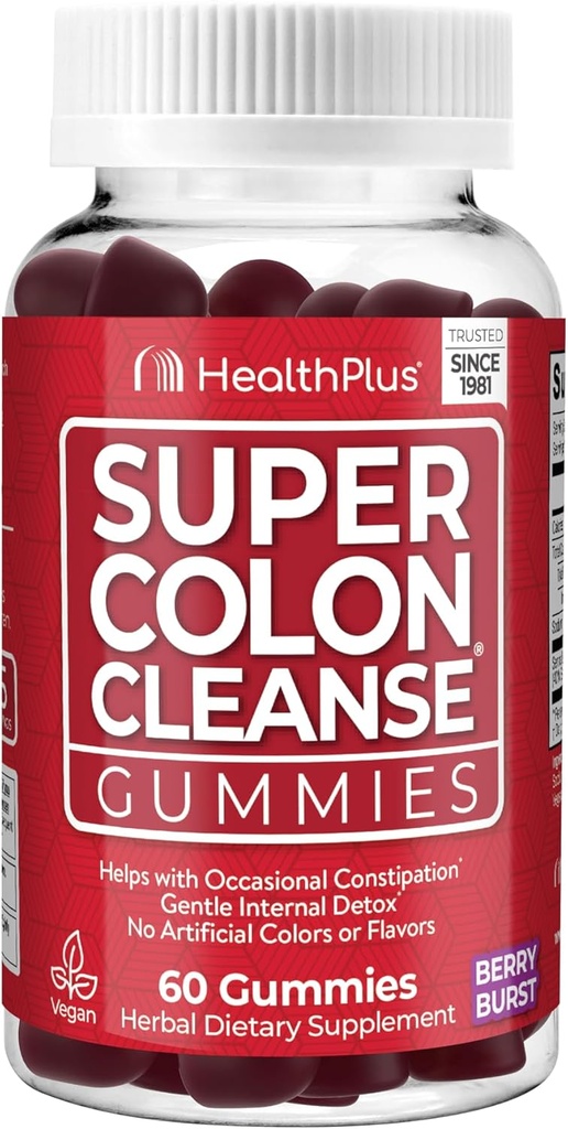 Health Plus Super Colon Cleanse Gummies 15 dagen levering van zachte overnachting verlichting van incidentele constipatie, natuurlijke senna bladextract, Dieetsupplement, gemengde Berry smaak, 60 Tellen