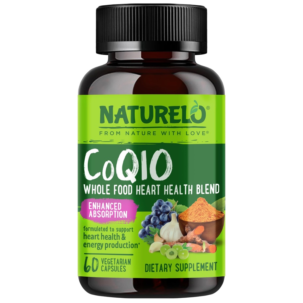 NATURELO Whole Food CoQ10 Supplement, 60 Veg Capsules, Heart Health Blend, Powerful Antioxidant, CoQ10 100mg for Energy Production