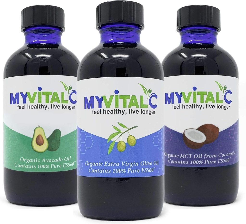 MyVitalC Combo d'huile d'olive extra vierge biologique, MCT & huile d'avocat - Supplément antioxydant ESS60 - pour anti-âge, la longévité, le sommeil, l'énergie - Pack de 3
